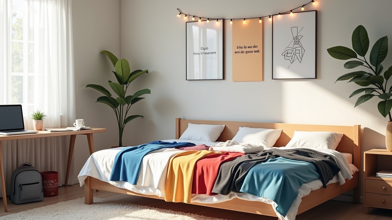 College student's dorm room with free clothing samples organized on bed