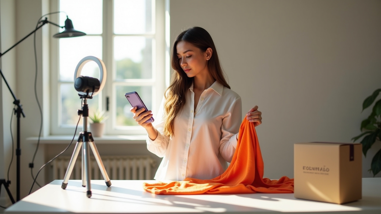 Fashion influencer photographing and reviewing free clothing products for social media