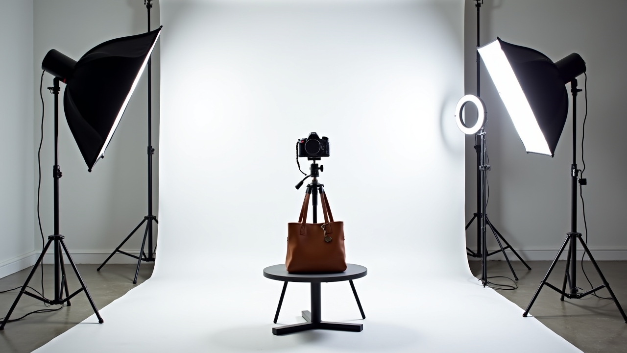 Professional camera and lighting equipment setup for fashion product testing and reviews