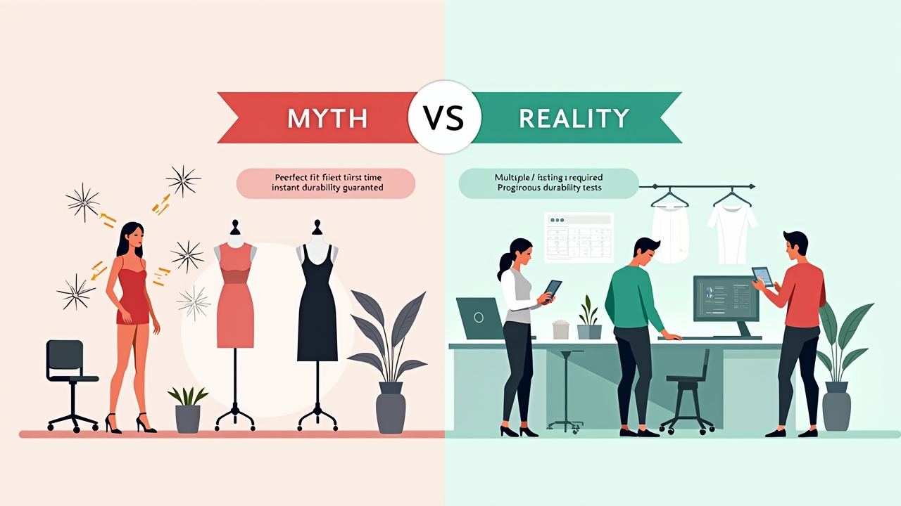 Split comparison graphic showing fashion testing program myths versus reality