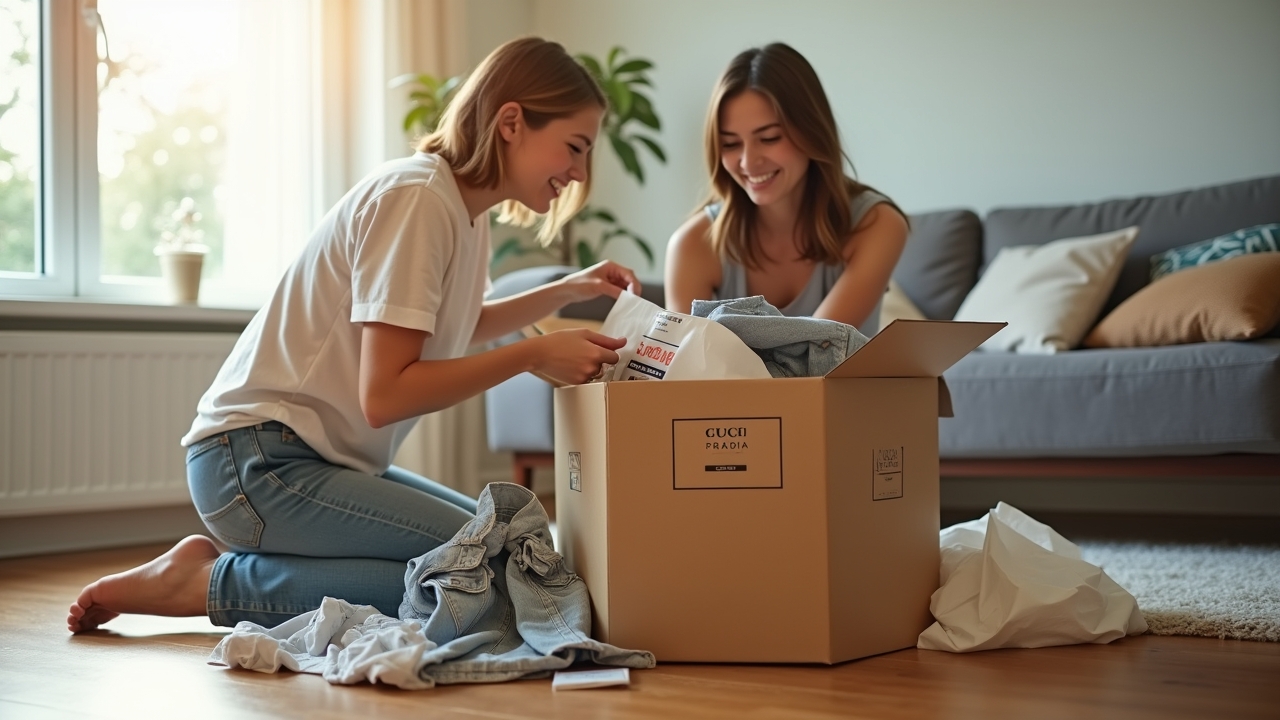 Person opening free clothing delivery package from major fashion brands