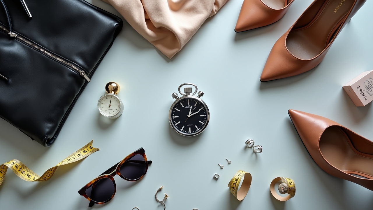 Stopwatch surrounded by various fashion items showing product testing time commitment