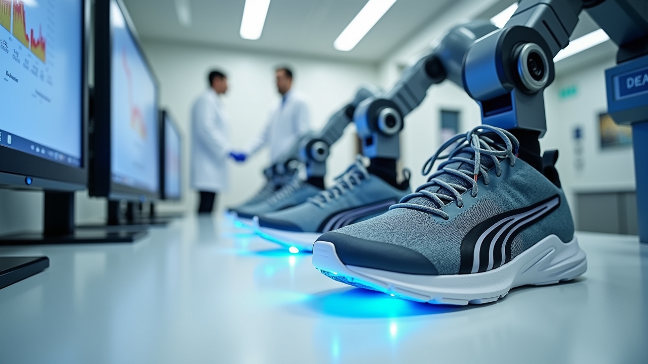Puma athletic footwear undergoing professional testing in sports laboratory setting