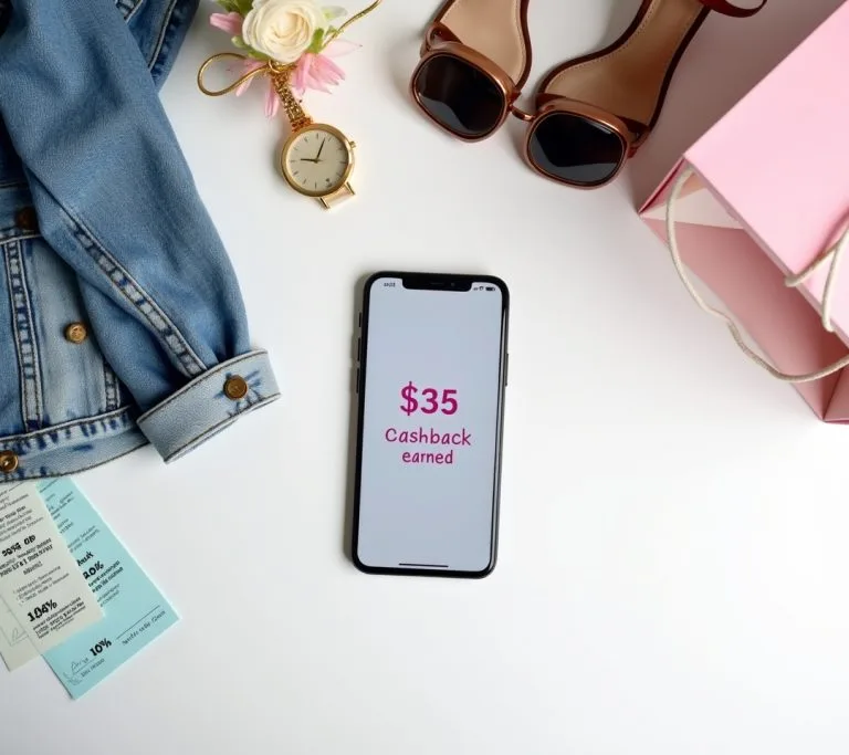 Smartphone displaying cashback apps with money symbols and fashion items