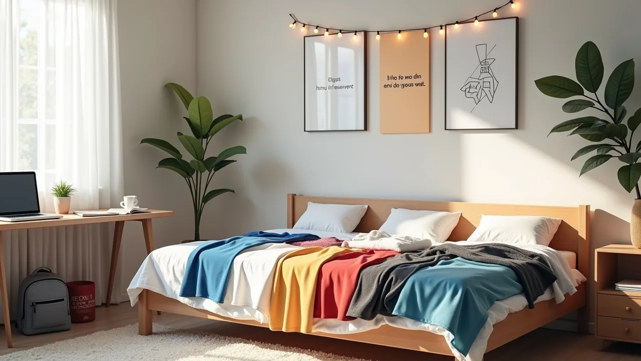 College student's dorm room with free clothing samples organized on bed