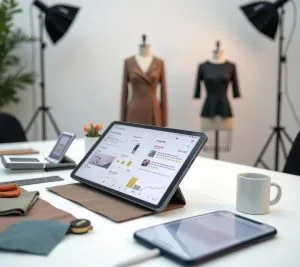 Professional product photography setup with fashion items and review tools