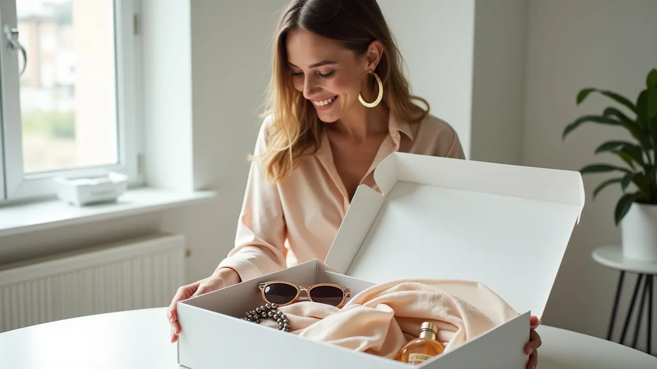 Fashion influencer receiving brand collaboration package for sponsored content creation