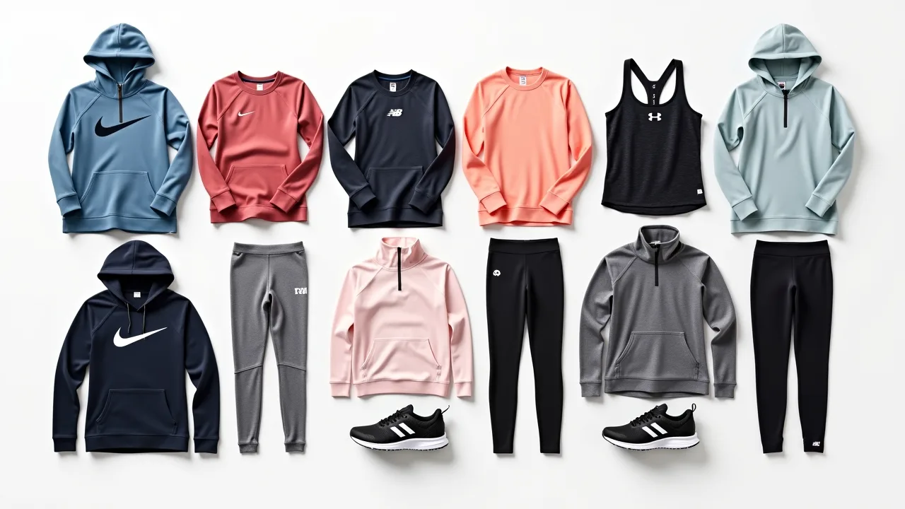 Collection of free activewear from twelve different athletic brands arranged neatly