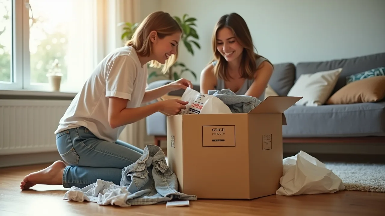 Person opening free clothing delivery package from major fashion brands