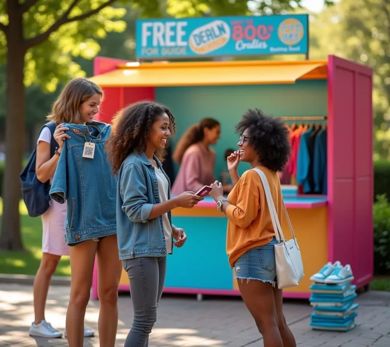 College student with backpack holding free clothing samples