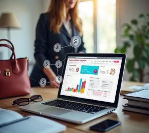 Laptop showing fashion affiliate marketing dashboard with commission earnings