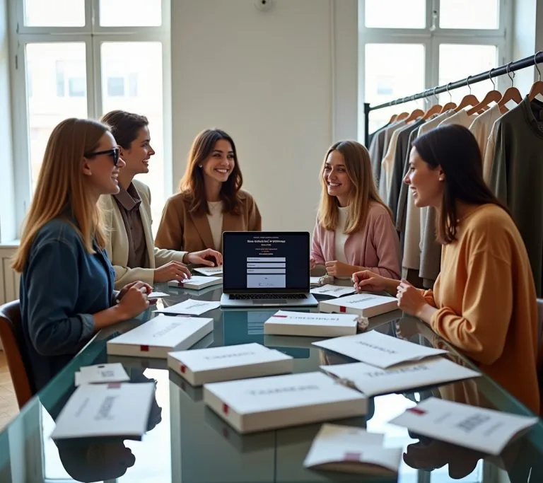 Woman holding multiple fashion brand packages with excited expression