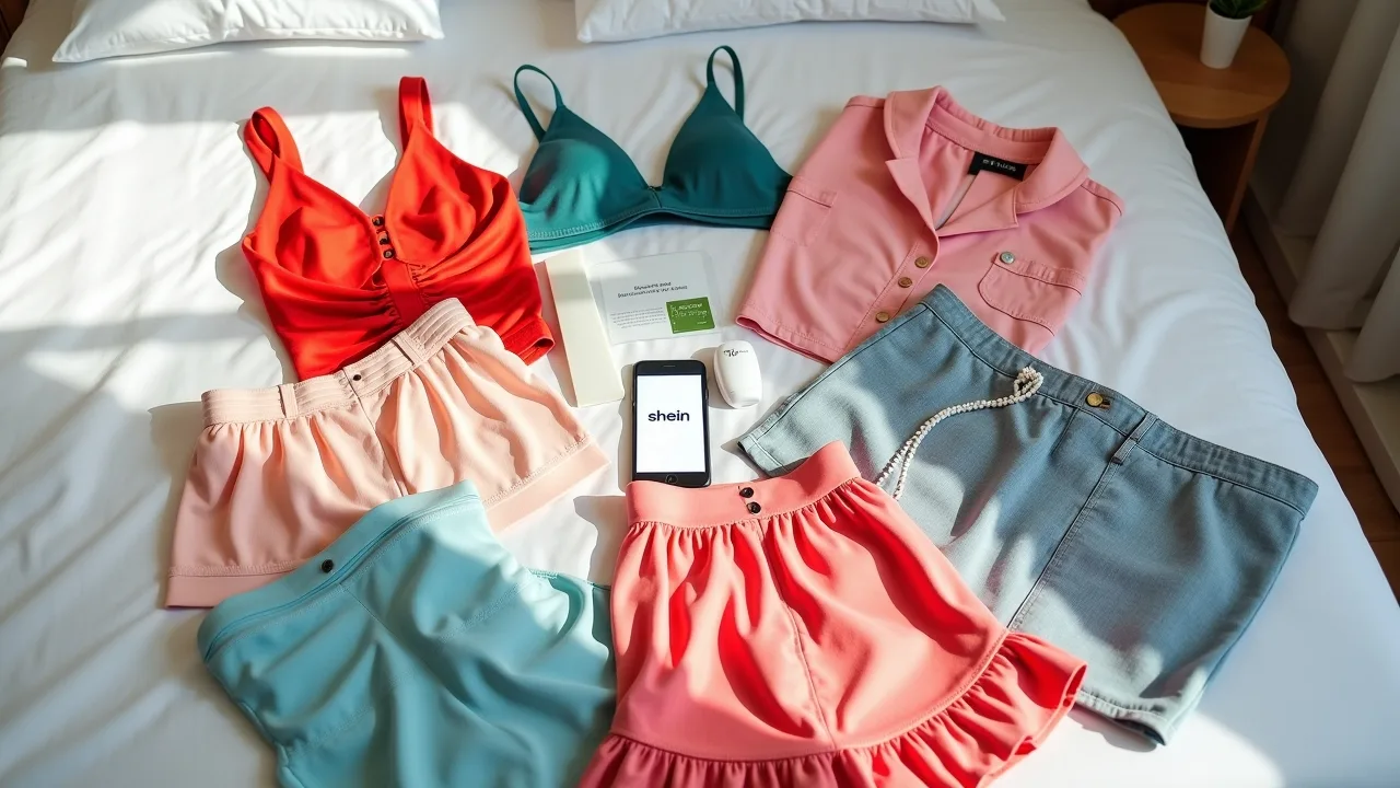 Shein clothing items from free trial program spread on bed