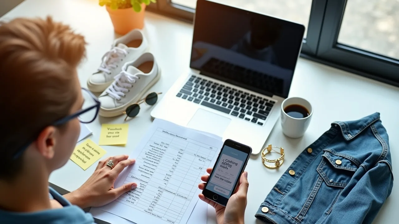 College student calculating fashion budget with free clothing program savings