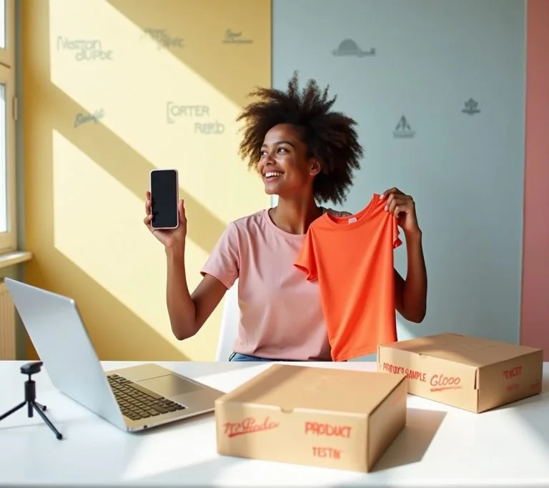 Fashion blogger surrounded by clothing packages from different brands