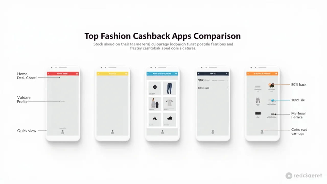 Screenshots comparing interfaces of top five fashion cashback apps and their features